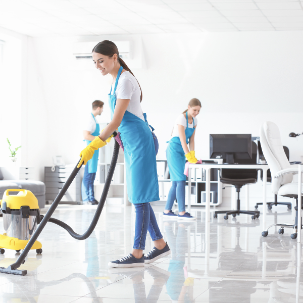 happy 3 person cleaning crew