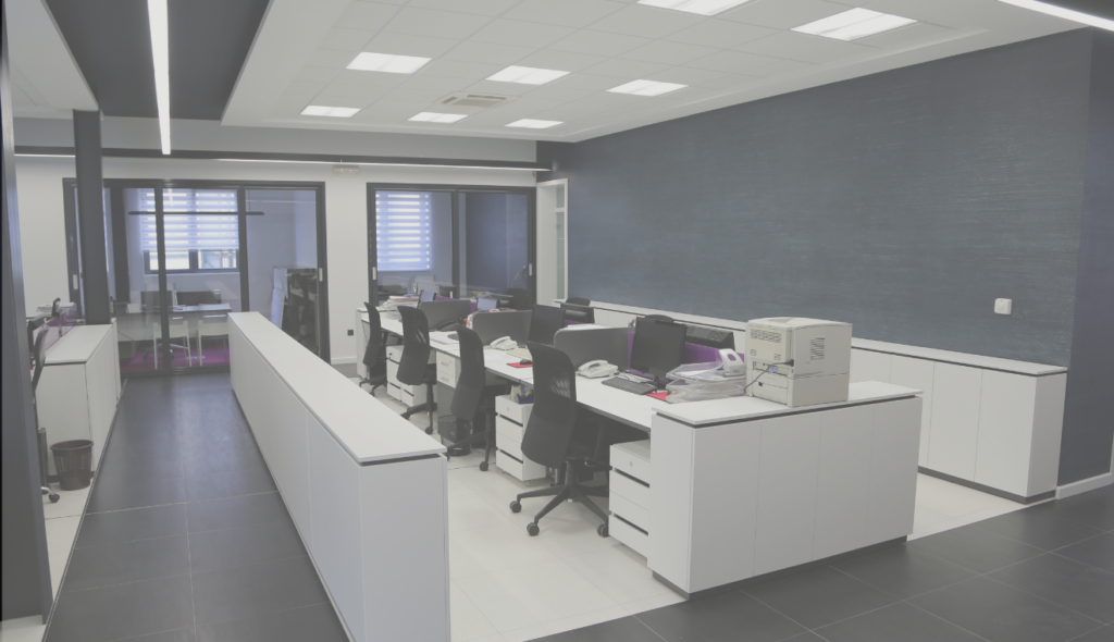 inside office building with white counters