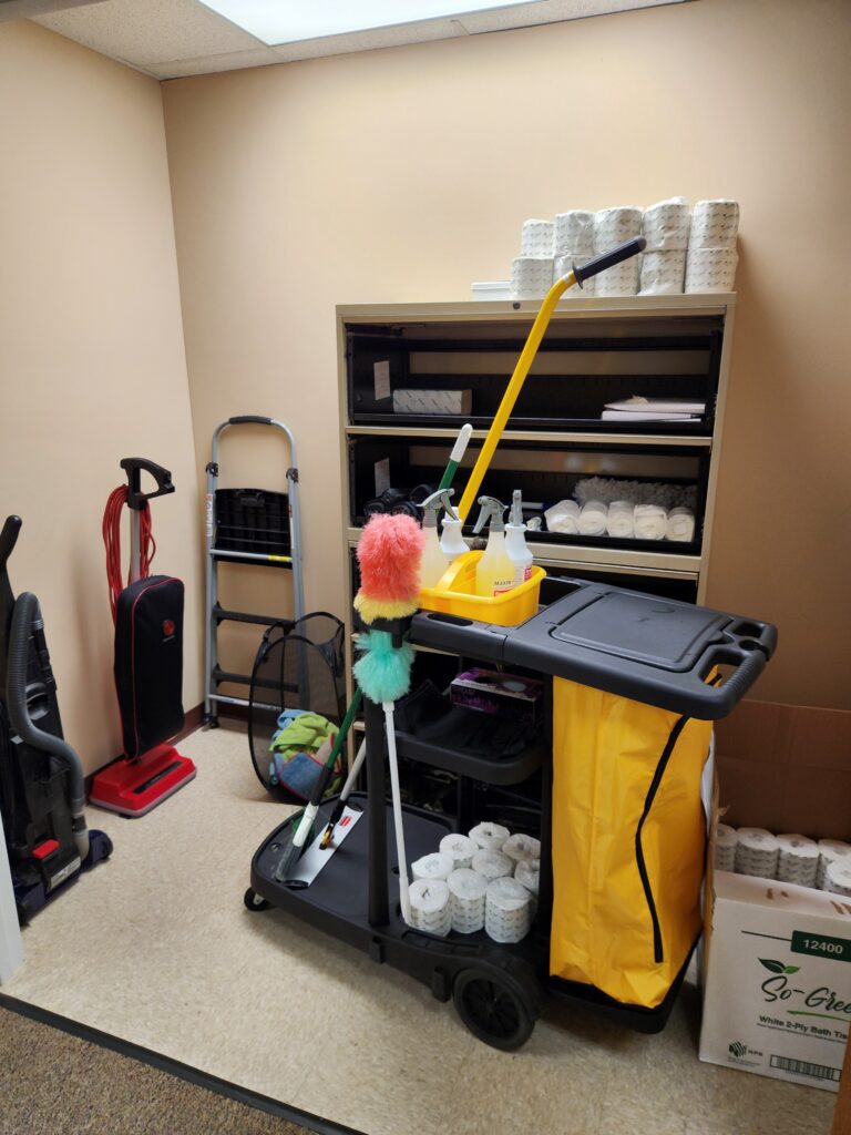 Government Facility Cleaning service set up in a janitors closet